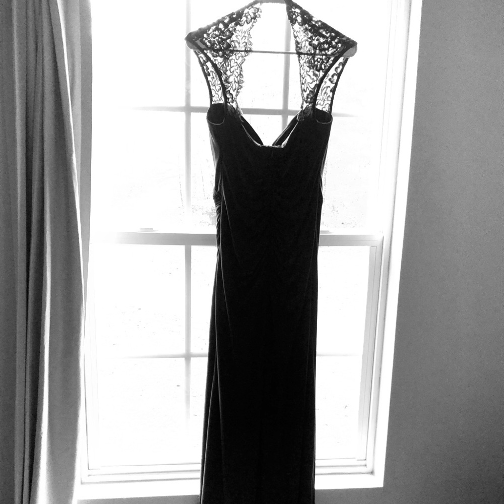 Charcoal gray keyhole lace long ruched gown